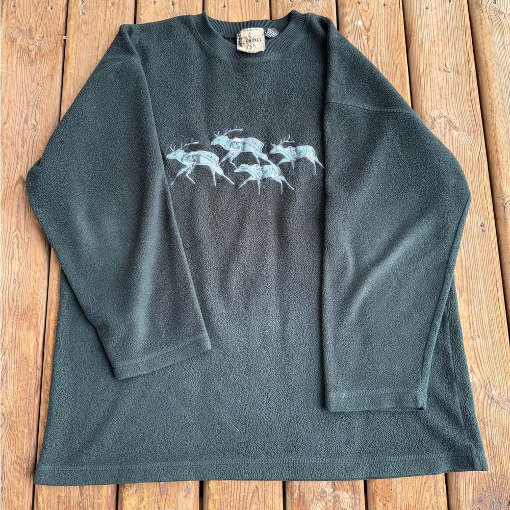 Vintage Dark Green Fleece Sweatshirt with Caribou Design